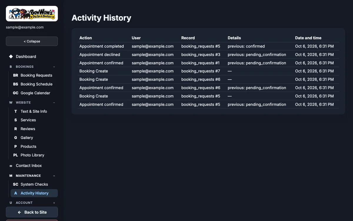 Admin activity history listing recent sample changes with the account and time of each