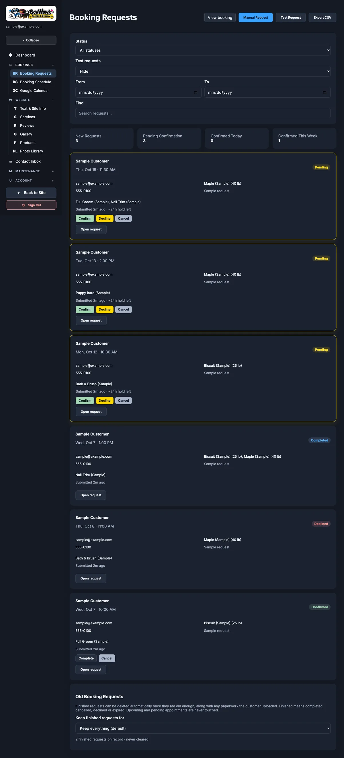 Admin booking requests queue with sample requests in several statuses