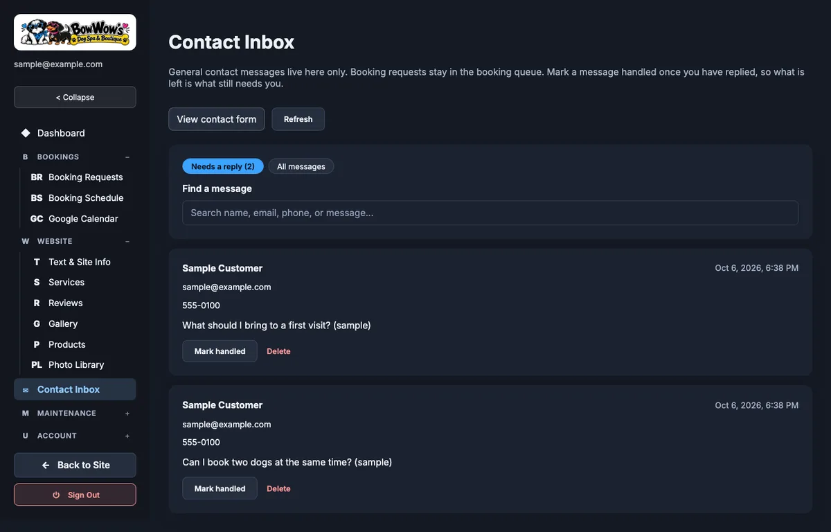 Admin contact inbox with sample messages waiting for a reply