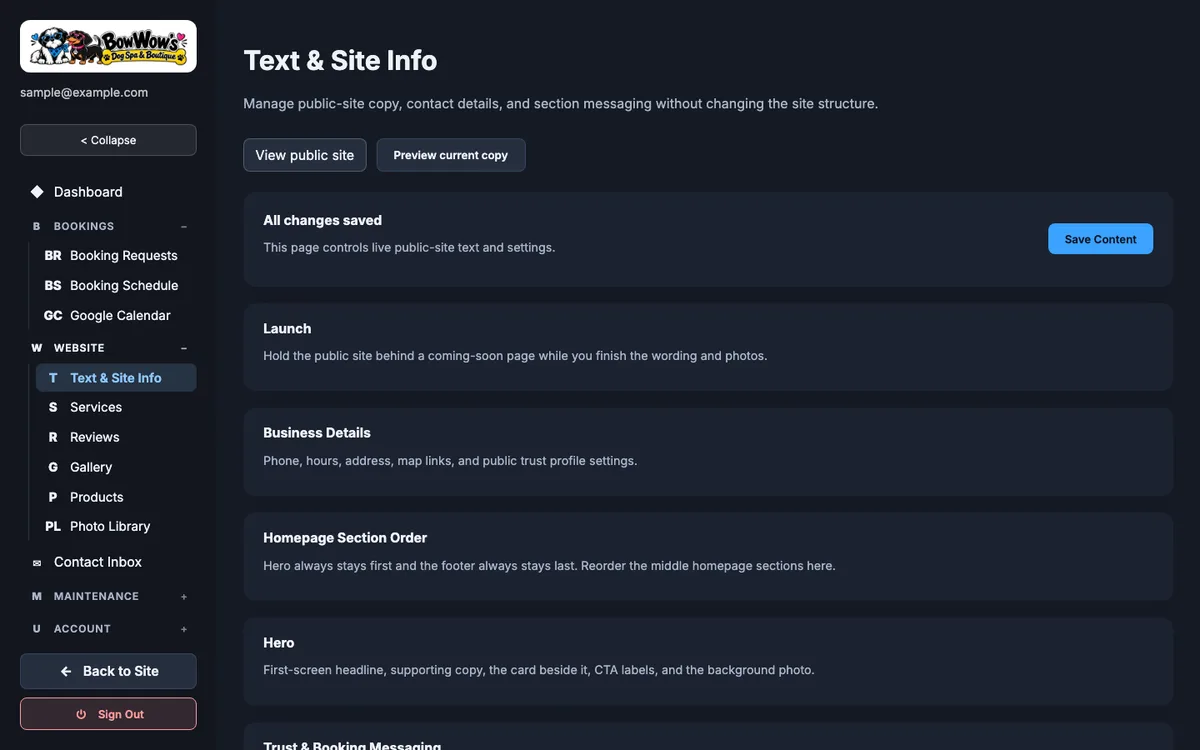 Admin Text and Site Info page with business details and section settings