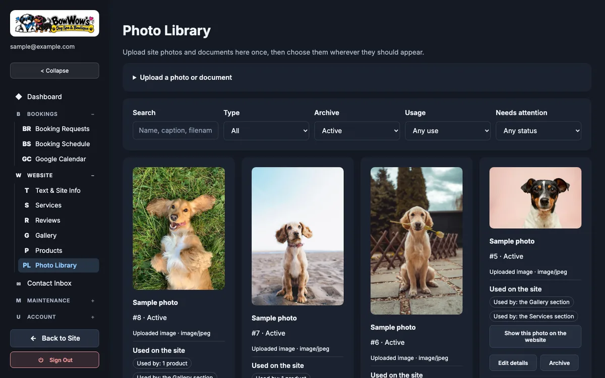 Admin photo library grid of sample photos