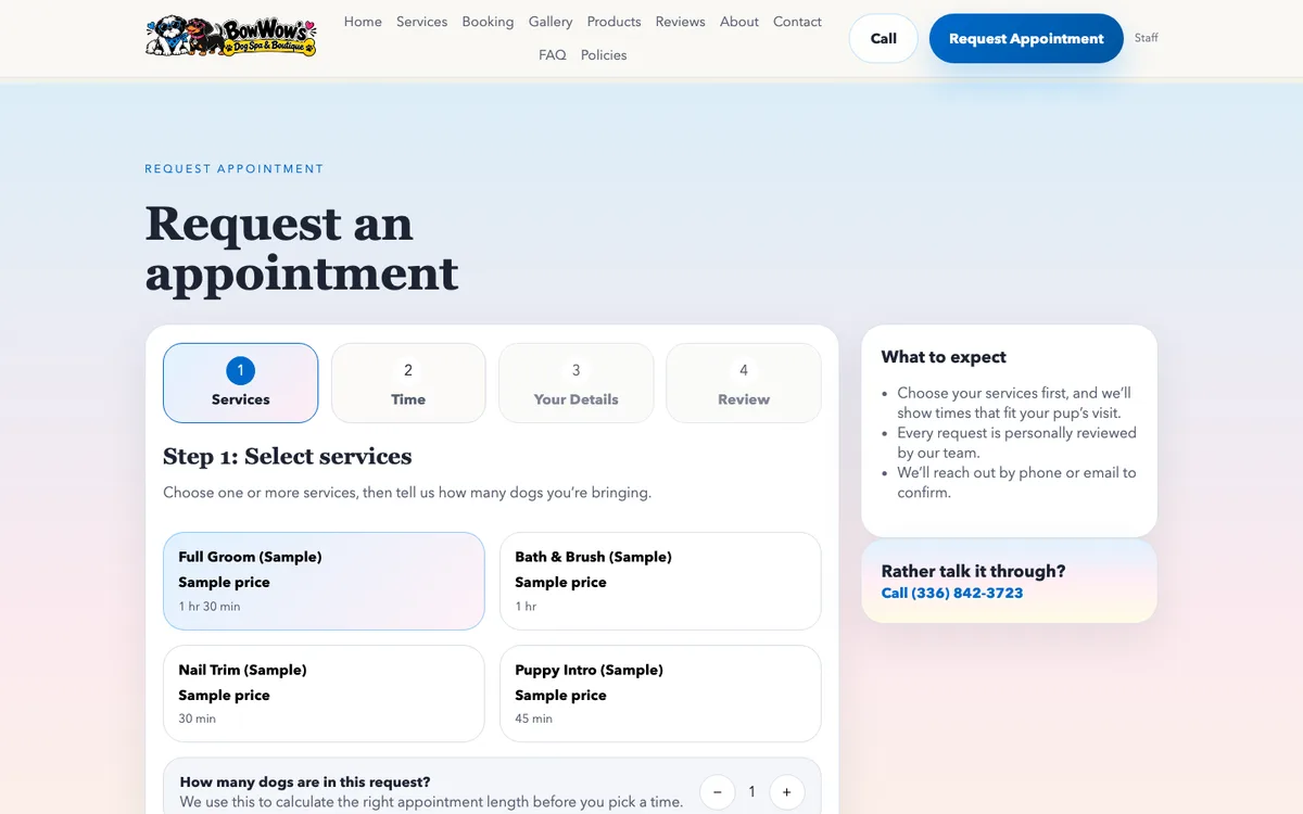 Request an appointment form at step one with a sample service selected and a dog count control