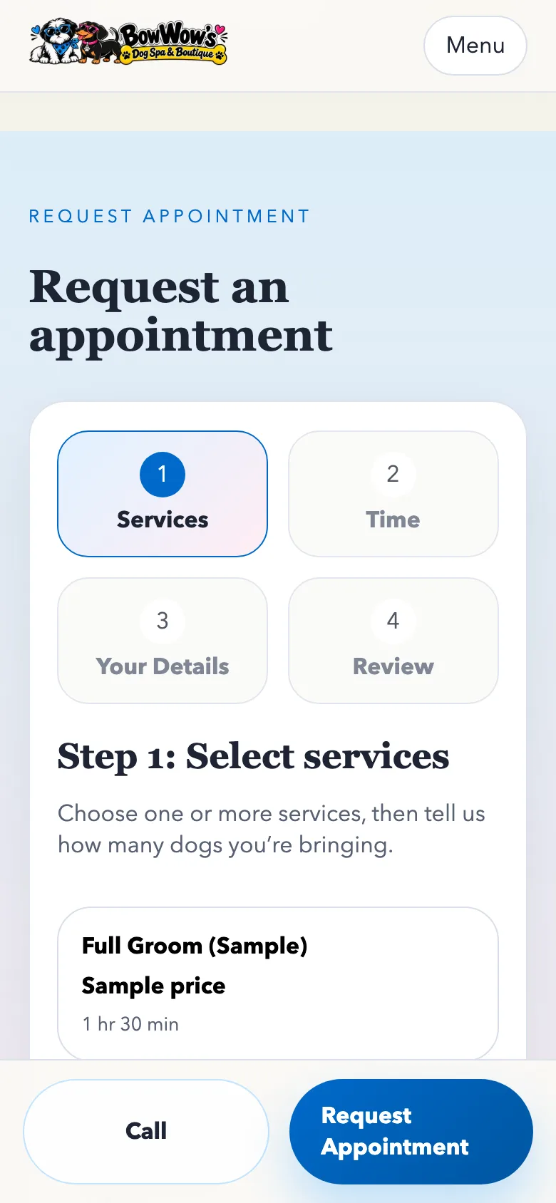 Request an appointment form on a phone showing sample services to choose from