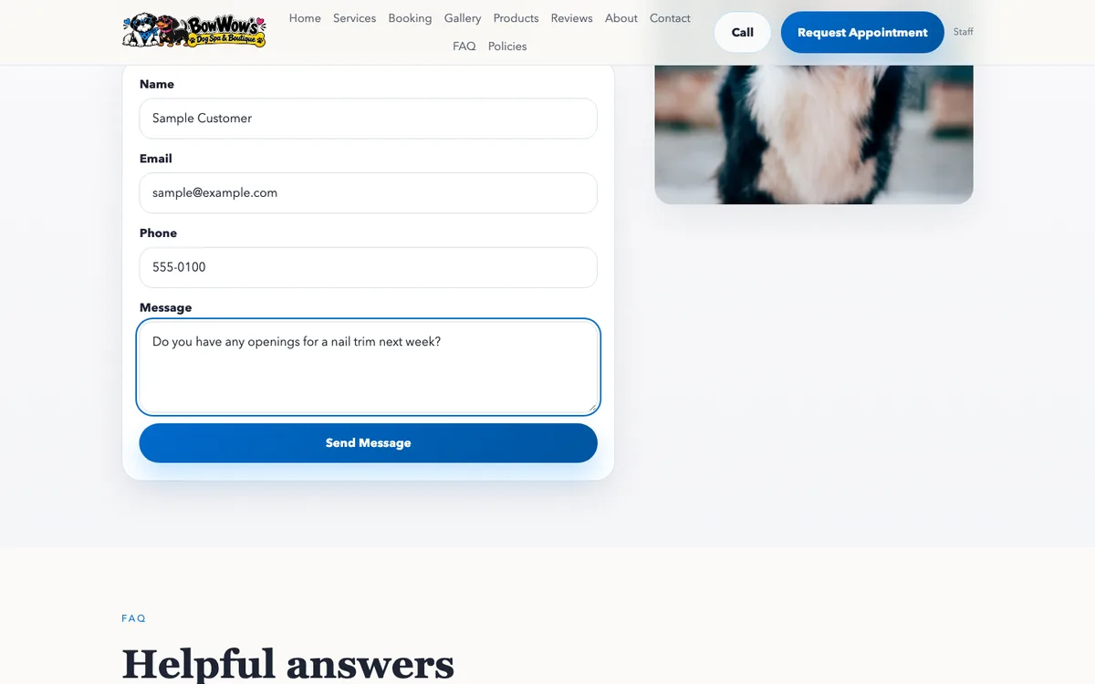 Contact form filled in with a sample name, email, phone number and message