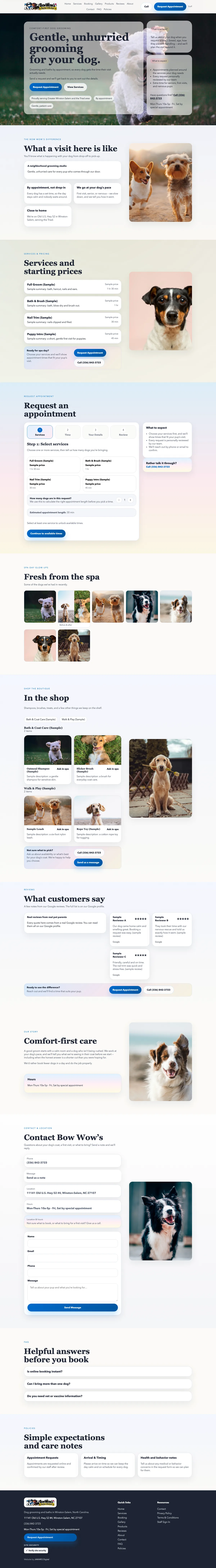 Bow Wow's Dog Spa homepage on a desktop screen, shown in full with sample content
