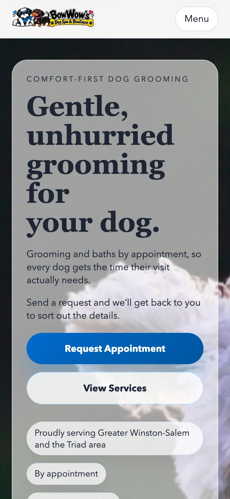 Bow Wow's Dog Spa homepage hero on a phone