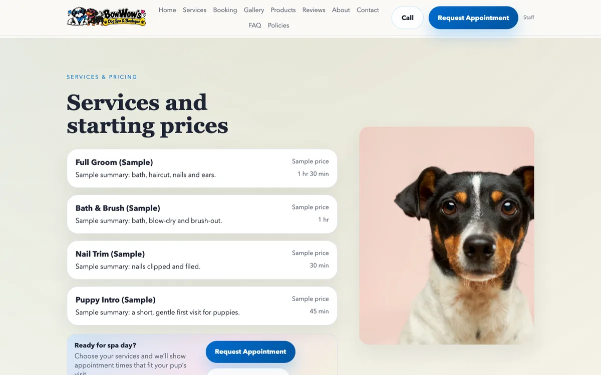 Services and starting prices section listing sample grooming services