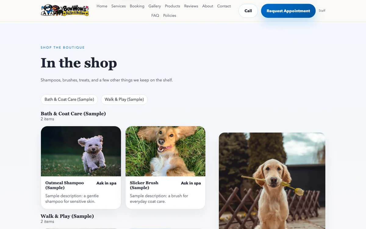 In the shop section listing sample products in categories