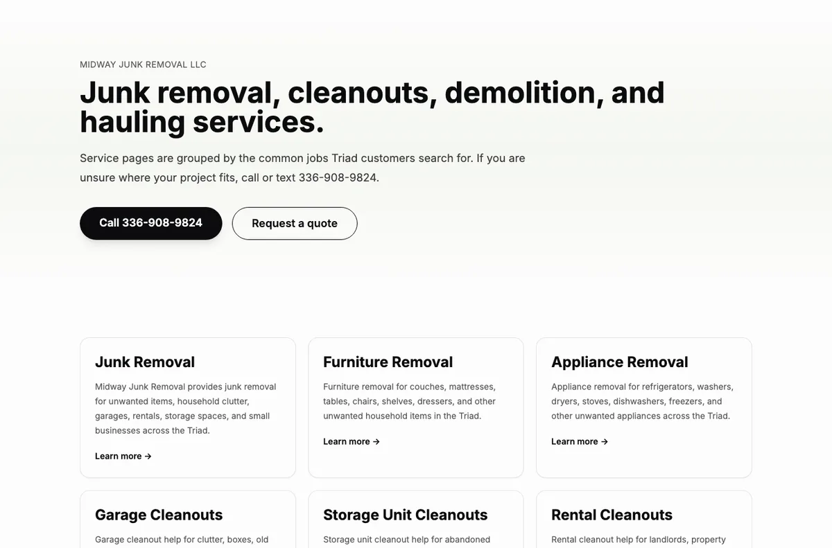 Current Midway Junk Removal services page