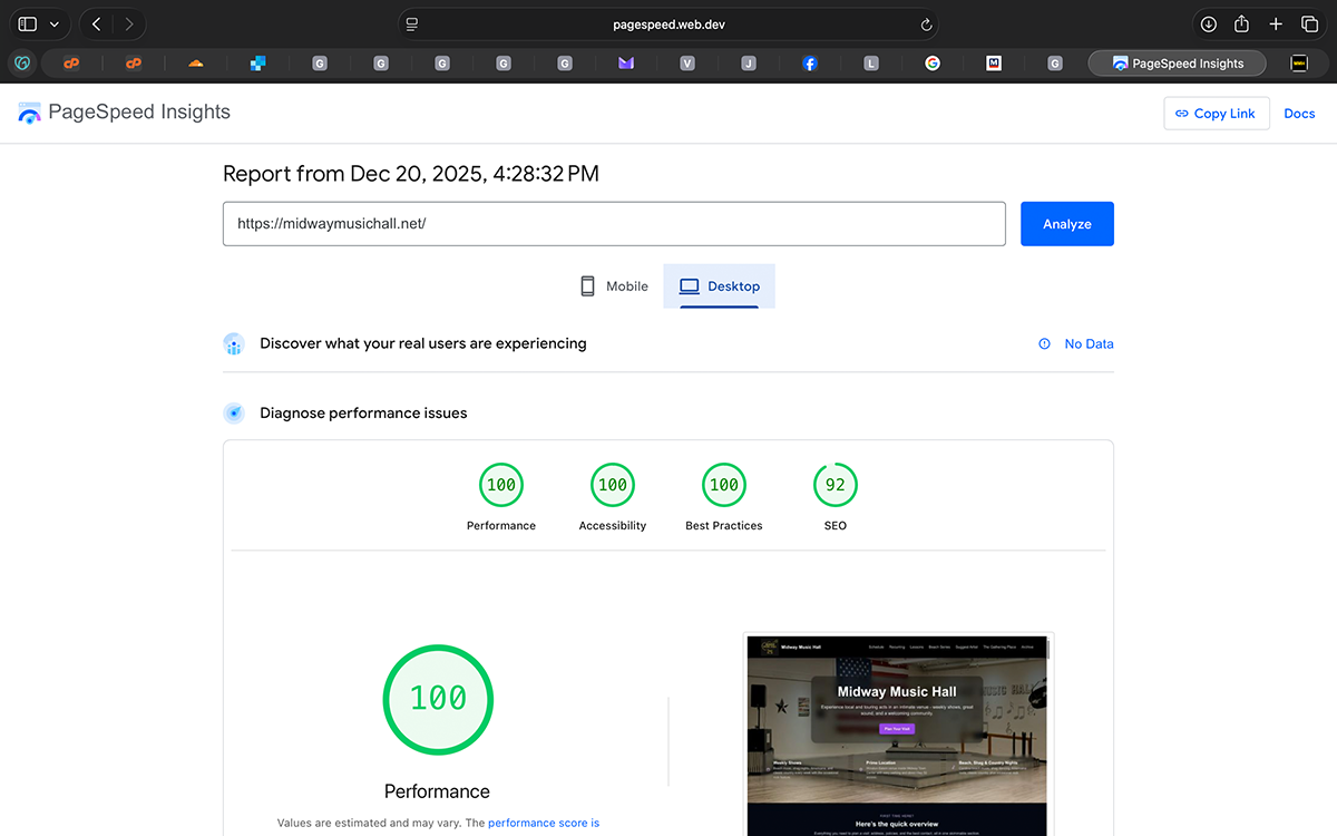 Desktop PageSpeed results after optimization, achieving top-tier performance, accessibility, and best-practice scores.
