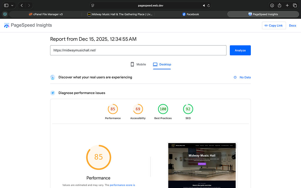 Desktop PageSpeed results prior to optimization, reflecting uncompressed assets and legacy structure.