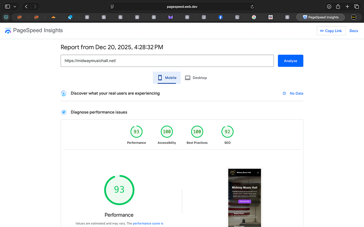Mobile PageSpeed results after optimization, showing substantial gains under real-world mobile constraints.