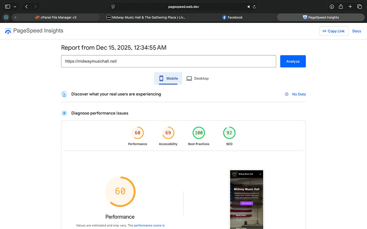 Mobile PageSpeed results before the rebuild, impacted by render-blocking assets and layout inefficiencies.
