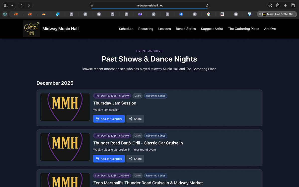 Public archive view allowing visitors to browse past events without cluttering current listings.