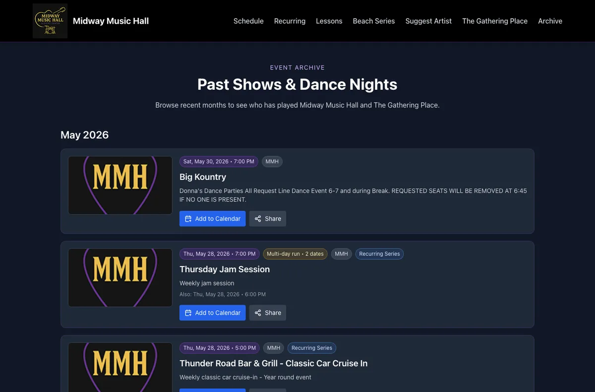 Current live archive view showing how past events remain browseable without cluttering the main upcoming schedule.