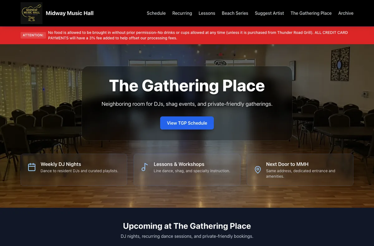 Current live view of The Gathering Place page, preserving the related-venue experience inside the same public system.