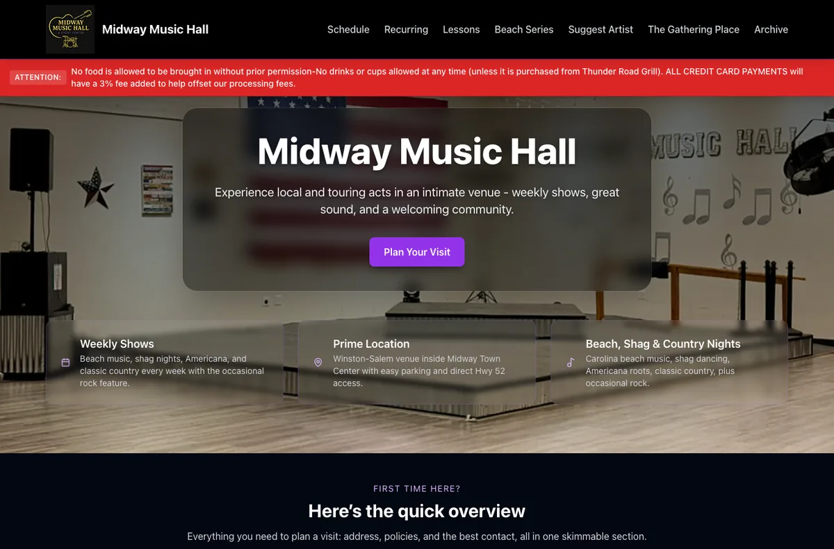 Current live homepage capture showing the event-forward layout, quick venue overview, and upcoming show structure after the latest content updates.