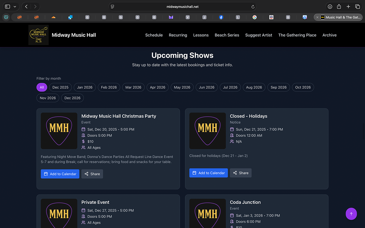 Upcoming event schedule with consistent filtering and clear date handling.