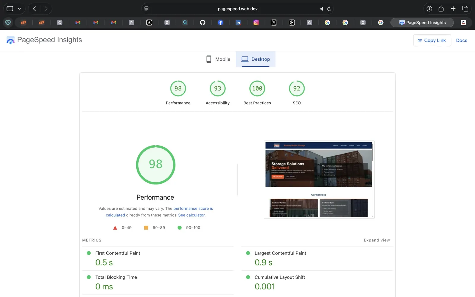 PageSpeed Insights desktop score showing 98 out of 100