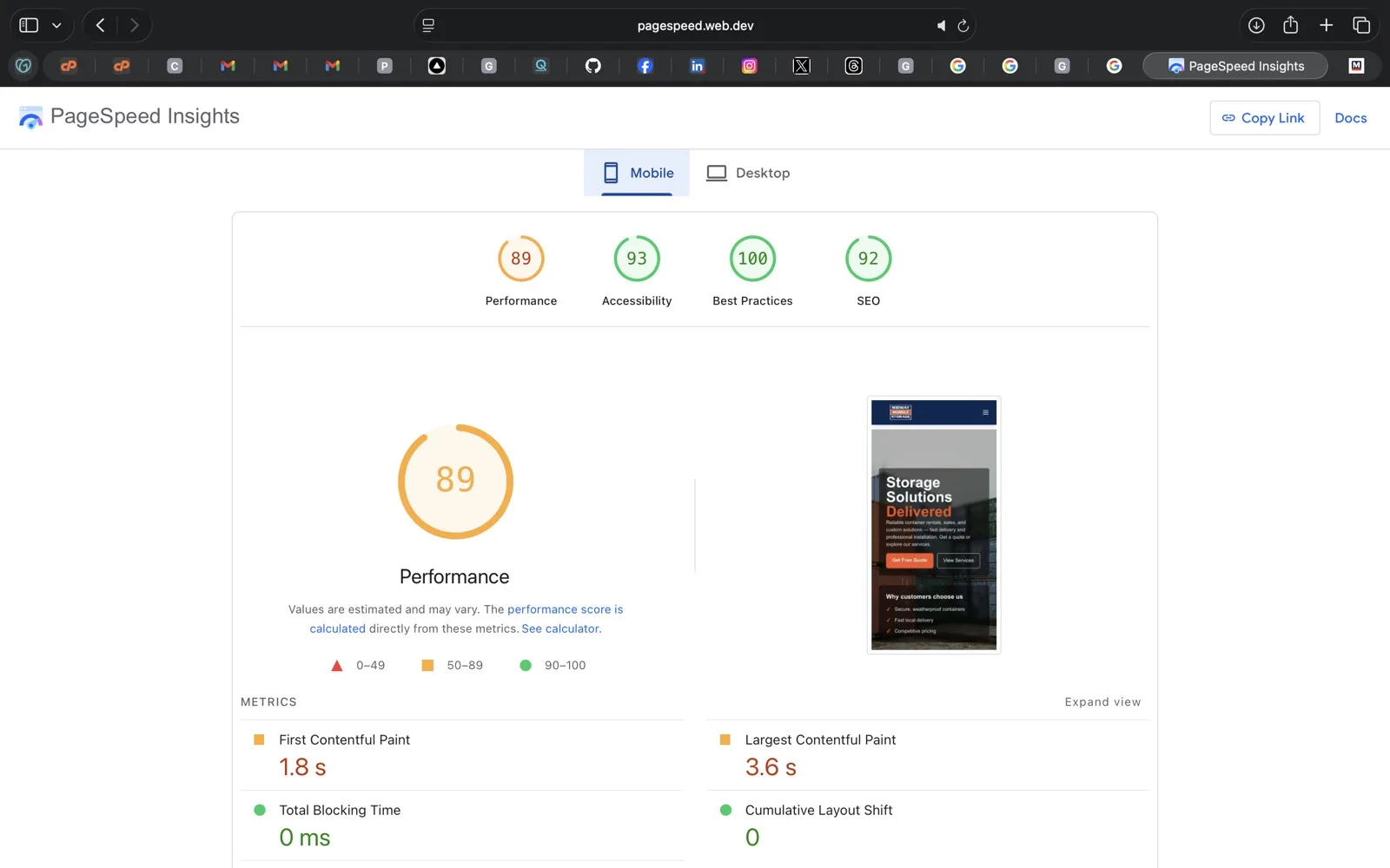 PageSpeed Insights mobile score showing 89 out of 100