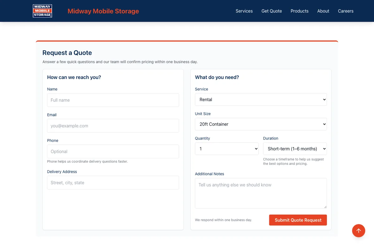 Current Midway Mobile Storage quote form