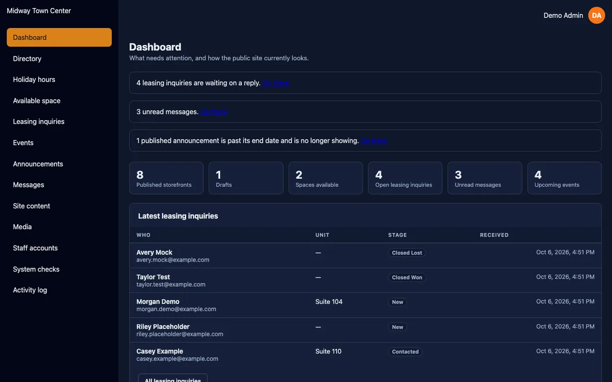 Admin dashboard listing sample items that need attention, with the section menu on the left.