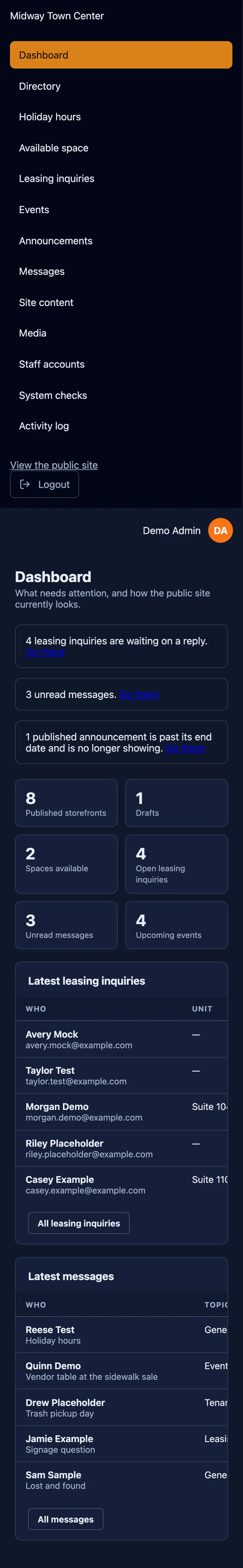 Admin dashboard on a phone screen with sample to-do items.