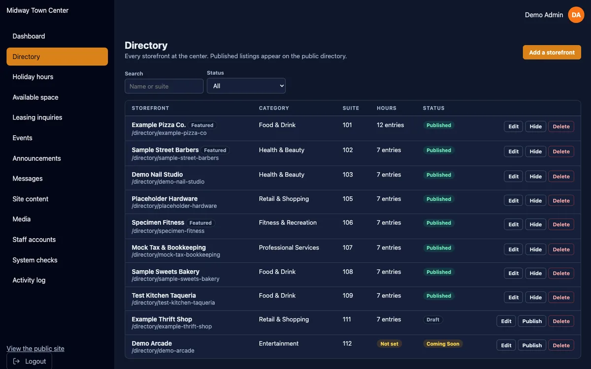 Admin directory list of sample businesses with their status and category.