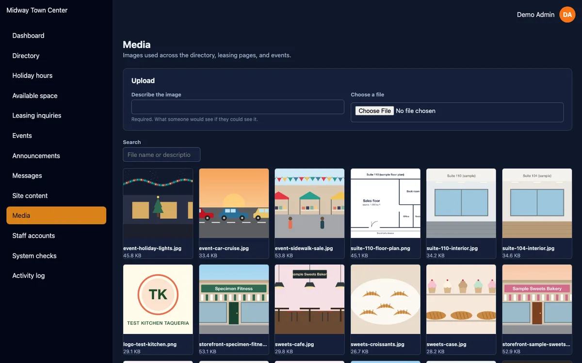 Admin media library grid of sample photos with alt text and usage details.