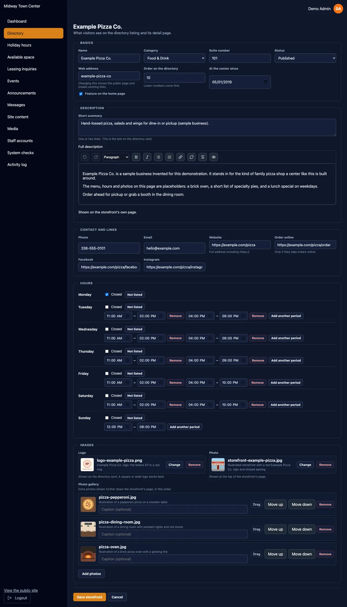 Admin storefront editor for a sample business with text fields, a photo gallery editor and a weekly hours editor.