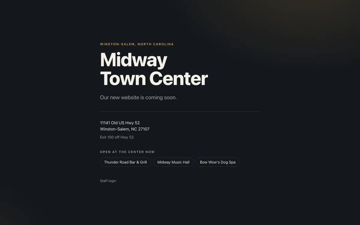 Midway Town Center holding page with the heading, a coming soon message, the center's location and a staff login link.