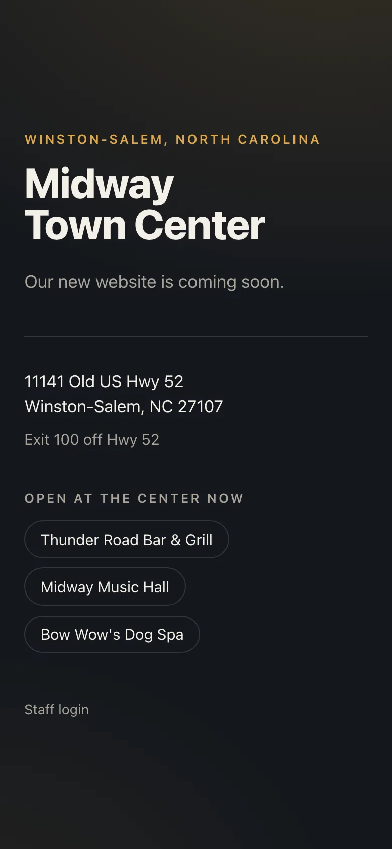 Midway Town Center holding page on a phone screen.