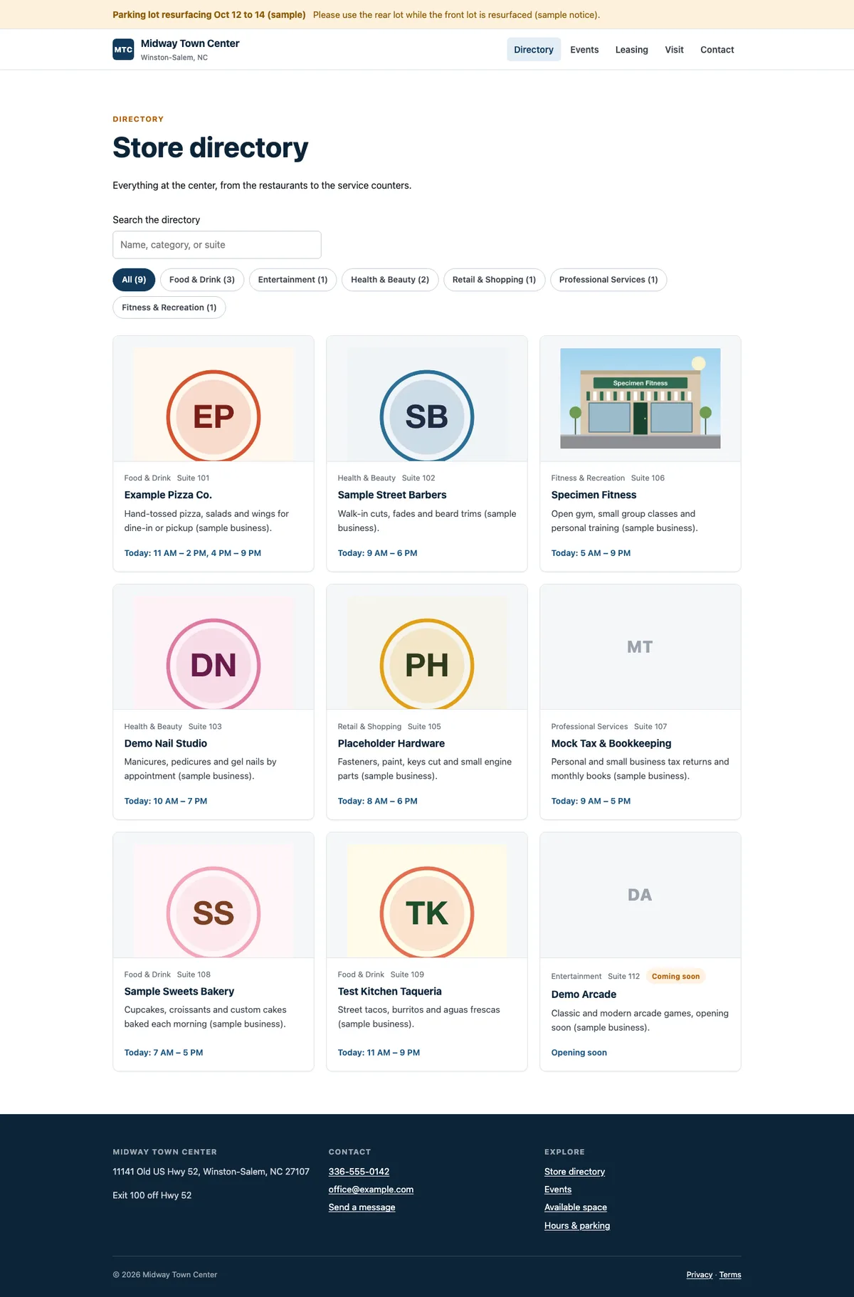Store directory page with a search box, a category filter and a grid of sample businesses.