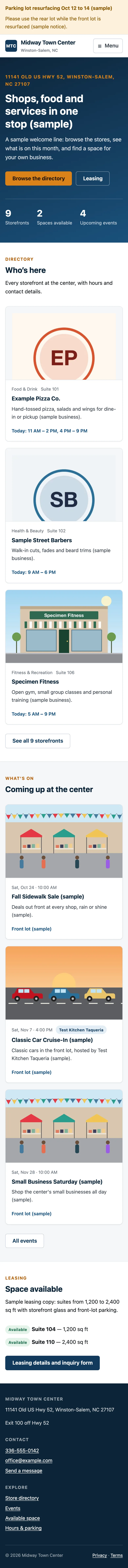 Midway Town Center home page on a phone, with an announcement bar and stacked sample business cards.