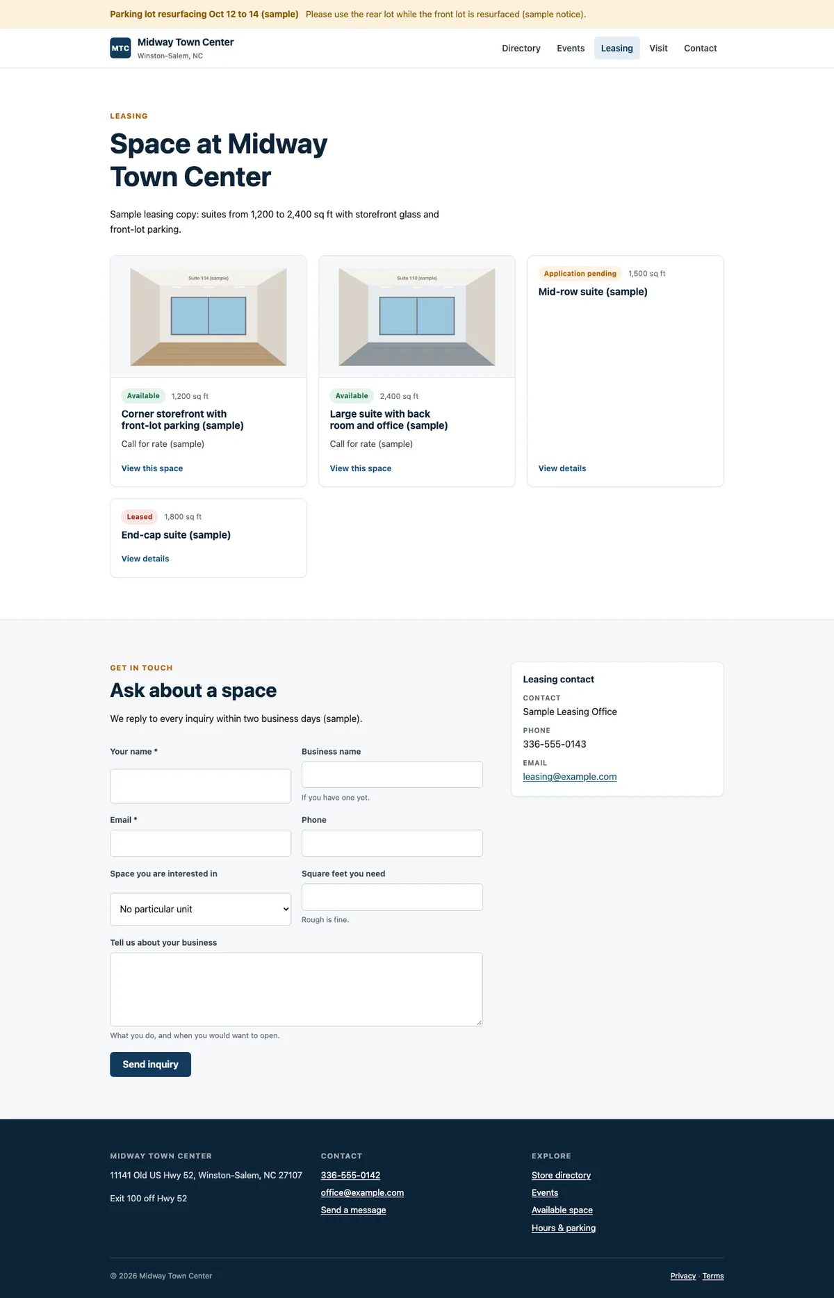Leasing page listing sample available suites and an Ask about a space form.
