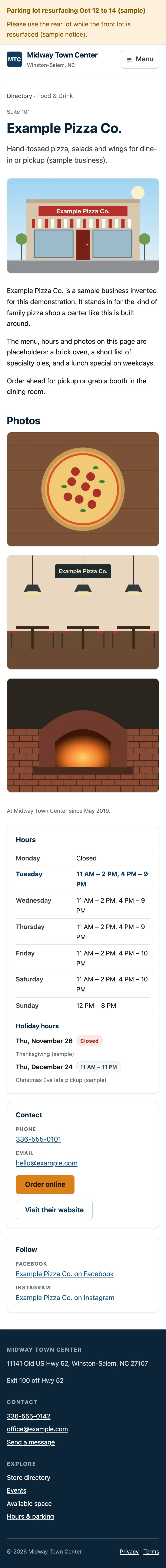 Sample storefront page on a phone showing the business name, contact links and hours.