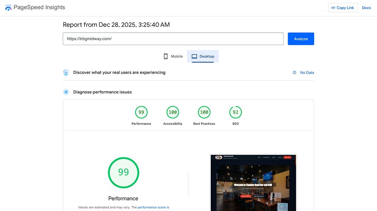Desktop PageSpeed results after optimization, showing improved performance, accessibility, and best-practice scores.