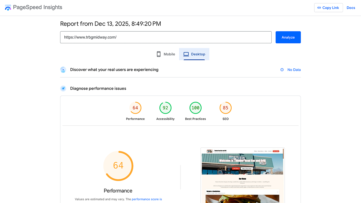Desktop PageSpeed results prior to optimization, reflecting uncompressed images, legacy asset handling, and limited caching.
