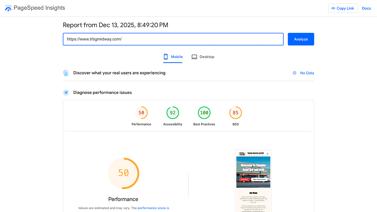 Mobile PageSpeed results before optimization, impacted by render-blocking assets and oversized images.