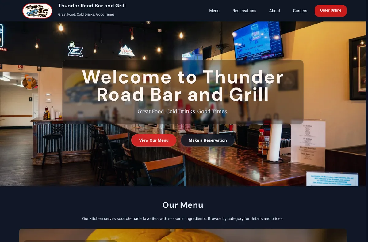 Current live homepage capture showing the restaurant brand, hero calls to action, and menu-first browsing path.