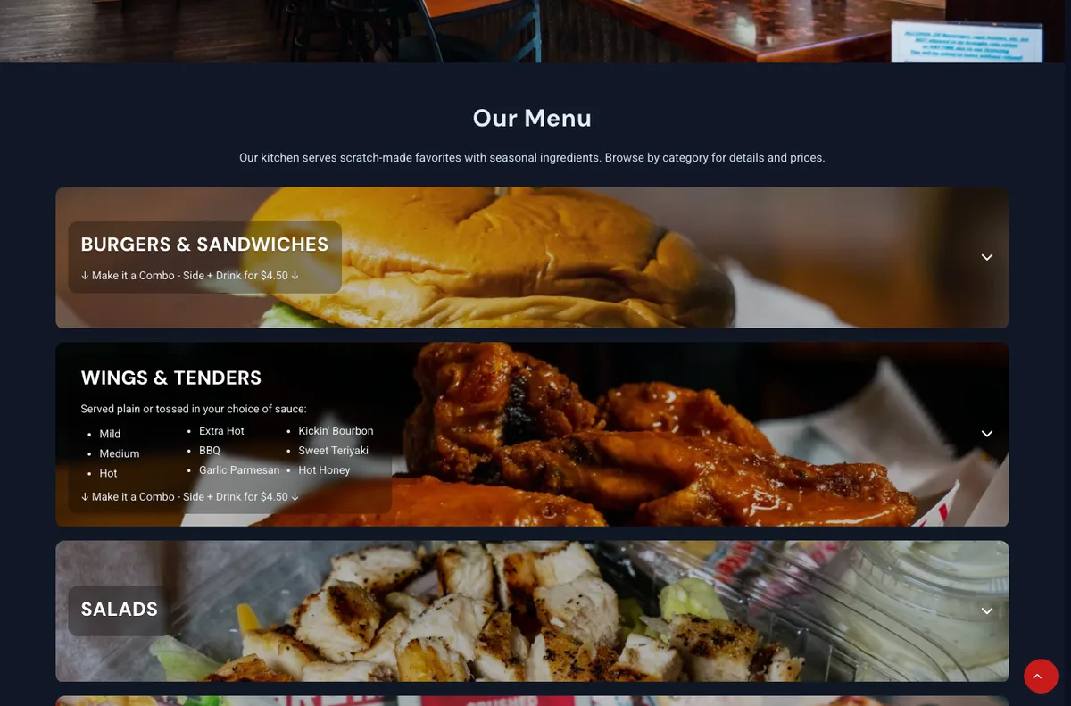 Current live menu capture showing category navigation and image-backed menu sections.