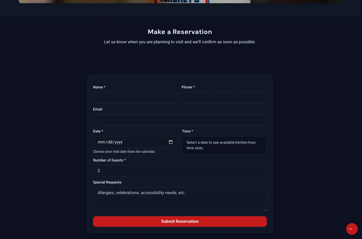 Current live reservation capture showing the public request form without exposing submitted guest records.