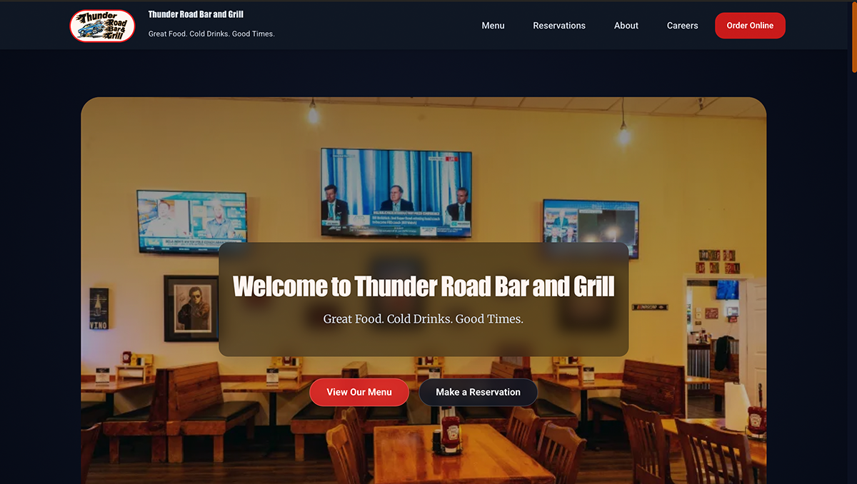 Public homepage presenting the venue brand, navigation, and primary calls to action.