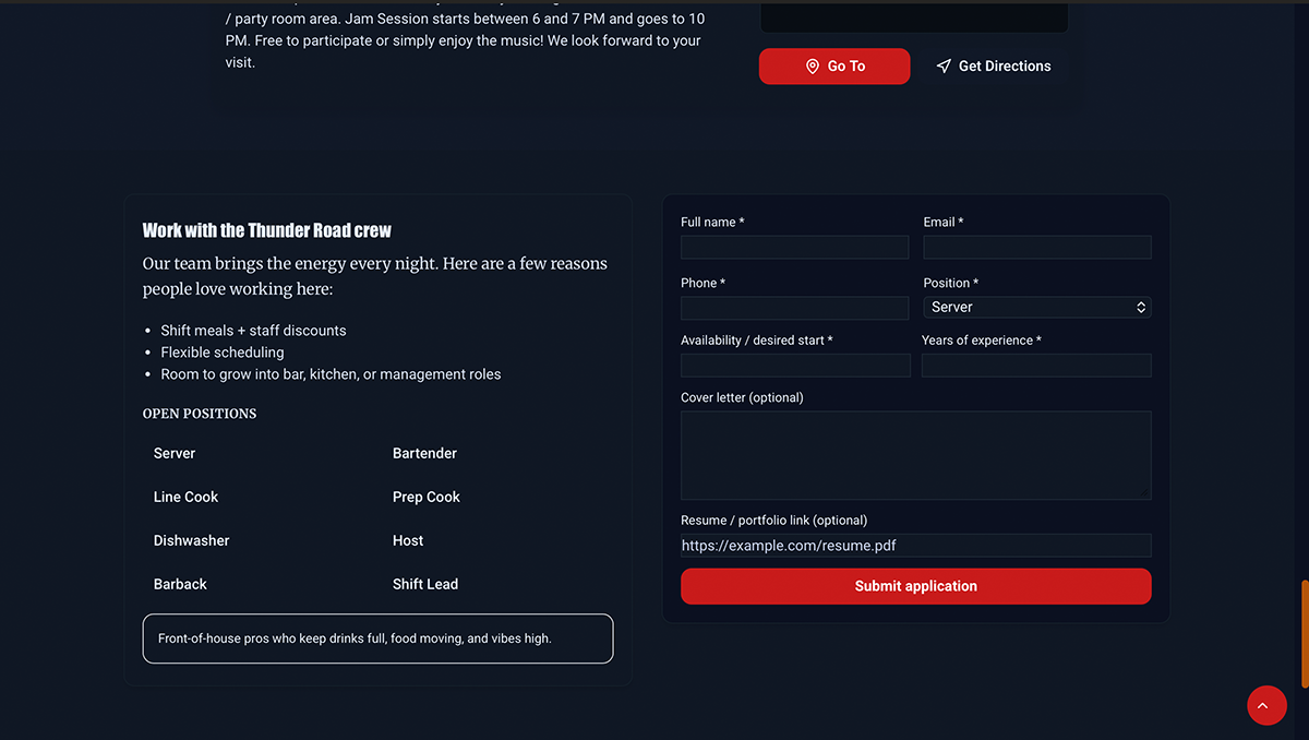 Public careers page displaying open positions and an application form for prospective staff.