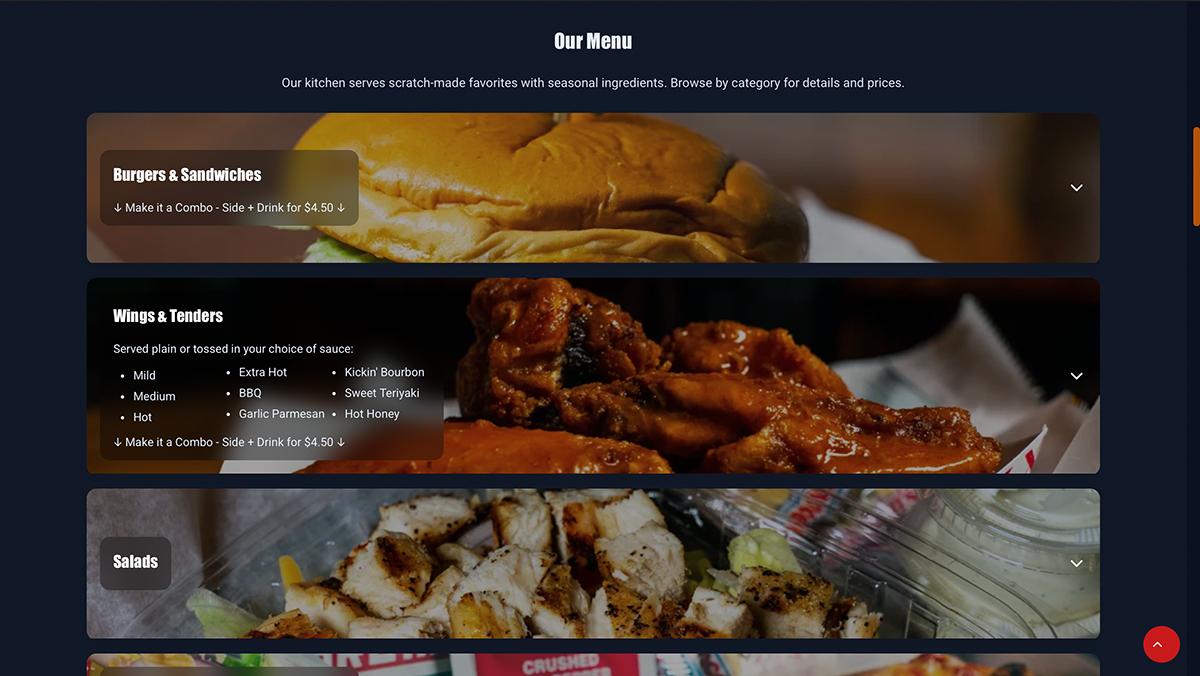 Public menu view with category-based navigation and image-backed sections.