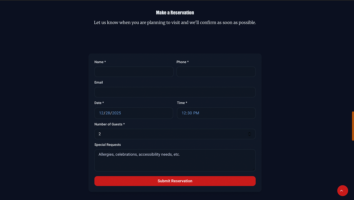 Reservation form allowing guests to submit booking requests with date, time, and party size.